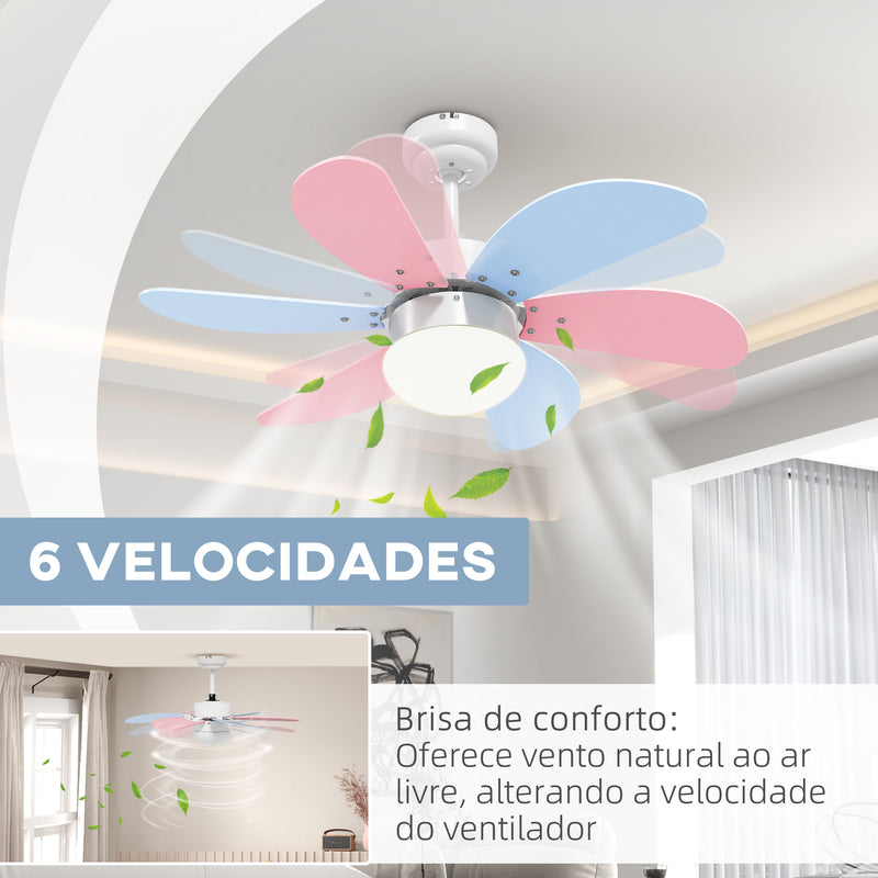 Ventoinha de Teto com Luz 34W Ø82,5 cm Ventoinha de Teto Silencioso com 6 Lâminas Reversíveis Controlo Remoto 6 Velocidades e Temporizador para Quarto Sala Multicolor