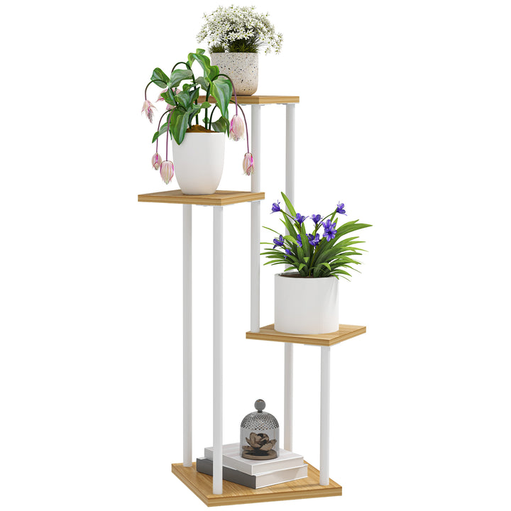 Suporte para Plantas de 4 Níveis Suporte para Vasos de Flores de Madeira e Aço com 4 Prateleiras Quadradas Suporte para Plantas para Interior e Exterior 53x42x85 cm Madeira e Branco