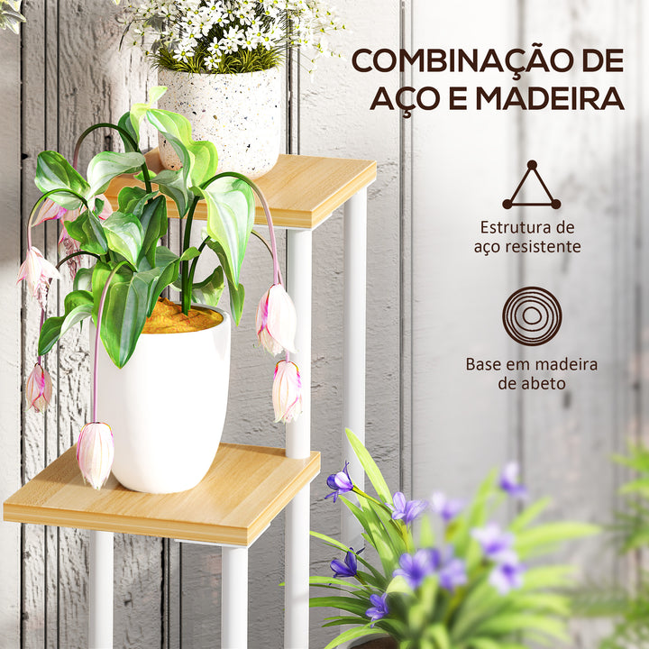 Suporte para Plantas de 4 Níveis Suporte para Vasos de Flores de Madeira e Aço com 4 Prateleiras Quadradas Suporte para Plantas para Interior e Exterior 53x42x85 cm Madeira e Branco
