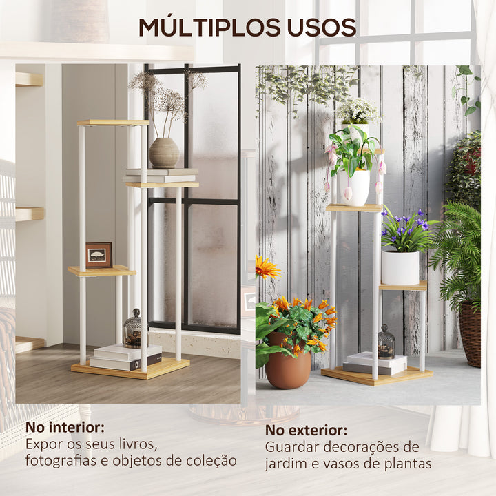 Suporte para Plantas de 4 Níveis Suporte para Vasos de Flores de Madeira e Aço com 4 Prateleiras Quadradas Suporte para Plantas para Interior e Exterior 53x42x85 cm Madeira e Branco