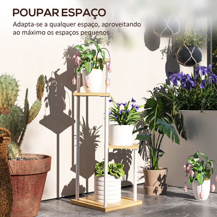 Suporte para Plantas de 4 Níveis Suporte para Vasos de Flores de Madeira e Aço com 4 Prateleiras Quadradas Suporte para Plantas para Interior e Exterior 53x42x85 cm Madeira e Branco