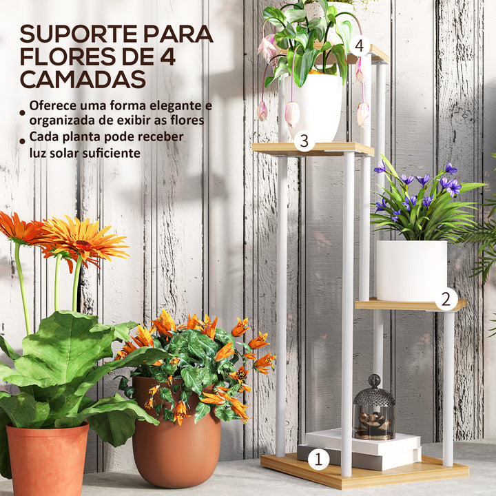 Suporte para Plantas de 4 Níveis Suporte para Vasos de Flores de Madeira e Aço com 4 Prateleiras Quadradas Suporte para Plantas para Interior e Exterior 53x42x85 cm Madeira e Branco