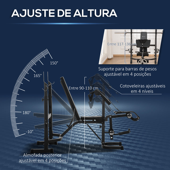 Banco de Musculação Multifuncional Banco de Pesos com Encosto Inclinável e Suporte de Barras com Altura Ajustável para Treinamento do Corpo Completo 187x140x117-136cm Preto