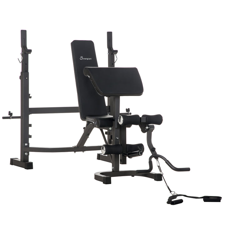 Banco de Musculação Multifuncional Banco de Pesos com Encosto Inclinável e Suporte de Barras com Altura Ajustável para Treinamento do Corpo Completo 187x140x117-136cm Preto