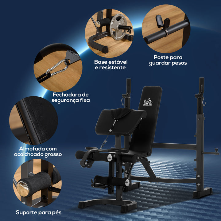 Banco de Musculação Multifuncional Banco de Pesos com Encosto Inclinável e Suporte de Barras com Altura Ajustável para Treinamento do Corpo Completo 187x140x117-136cm Preto