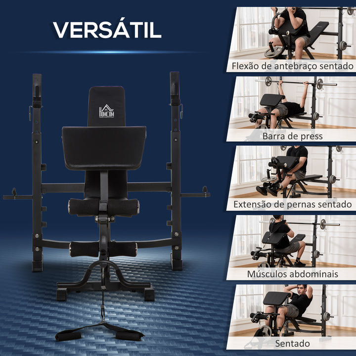 Banco de Musculação Multifuncional Banco de Pesos com Encosto Inclinável e Suporte de Barras com Altura Ajustável para Treinamento do Corpo Completo 187x140x117-136cm Preto