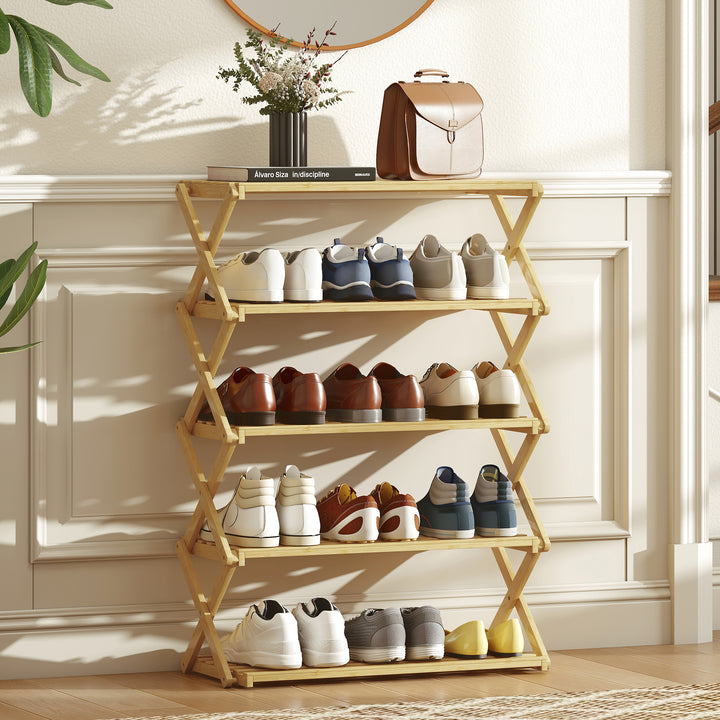 Sapateira Estreita de Bambu Sapateira Vertical Dobrável de 5 Níveis Sem Instalação Prateleira para Sapatos para Entrada Corredor Quarto 60x29x88 cm Madeira