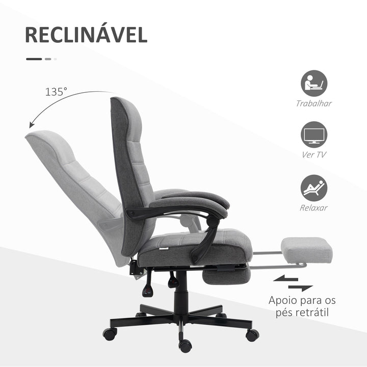Cadeira de Escritório Giratória Cadeira de Escritório Reclinável com Altura Ajustável Apoio para os Braços Apoio para os Pés Retrátil para Sala de Estar Escritório Estúdio Carga 20kg 68x67x106-114 cm Cinza