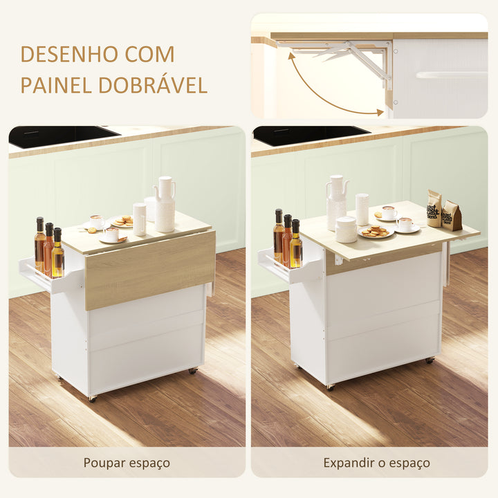 Ilha de Cozinha com Rodas Carrinho de Cozinha com Lateral Dobrável 2 Portas Gaveta Suporte para Temperos e Panos e Prateleira Ajustável 106x42x87 cm Branco e Carvalho