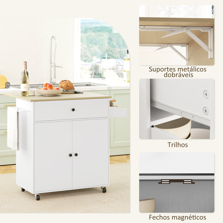 Ilha de Cozinha com Rodas Carrinho de Cozinha com Lateral Dobrável 2 Portas Gaveta Suporte para Temperos e Panos e Prateleira Ajustável 106x42x87 cm Branco e Carvalho