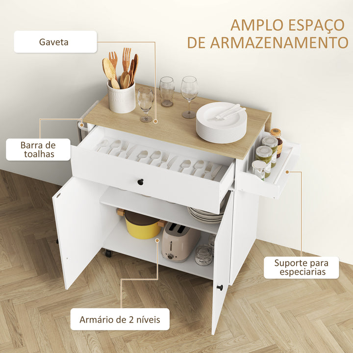 Ilha de Cozinha com Rodas Carrinho de Cozinha com Lateral Dobrável 2 Portas Gaveta Suporte para Temperos e Panos e Prateleira Ajustável 106x42x87 cm Branco e Carvalho