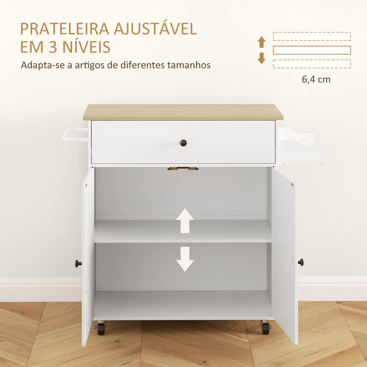 Ilha de Cozinha com Rodas Carrinho de Cozinha com Lateral Dobrável 2 Portas Gaveta Suporte para Temperos e Panos e Prateleira Ajustável 106x42x87 cm Branco e Carvalho