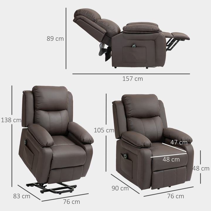 Poltrona Relax Levanta Pessoas com Controle Remoto Reclinação Elétrica de 160° Apoio para os Pés Encosto Estofado em PU e Bolsos Laterais 76x90x105 cm Castanho Escuro