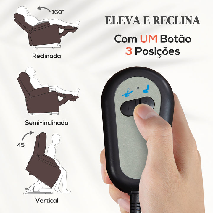 Poltrona Relax Levanta Pessoas com Controle Remoto Reclinação Elétrica de 160° Apoio para os Pés Encosto Estofado em PU e Bolsos Laterais 76x90x105 cm Castanho Escuro