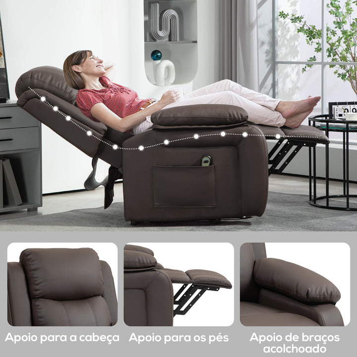 Poltrona Relax Levanta Pessoas com Controle Remoto Reclinação Elétrica de 160° Apoio para os Pés Encosto Estofado em PU e Bolsos Laterais 76x90x105 cm Castanho Escuro