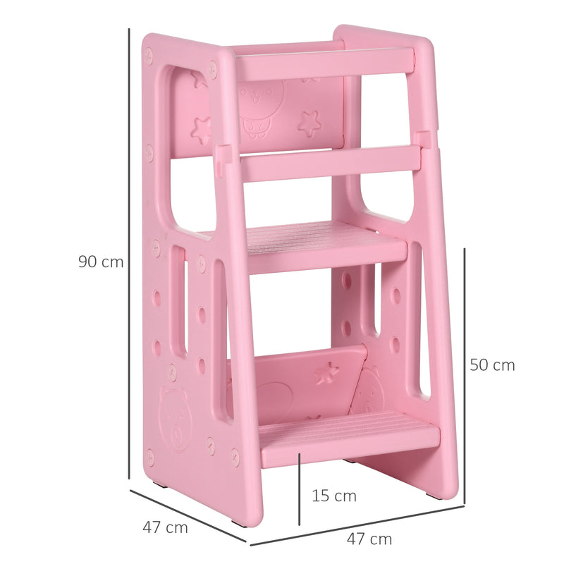 Torre de Aprendizagem para Crianças Banco Infantil com Altura Ajustável em 3 Posições e Plataforma Antiderrapante para Cozinha Sala de Jantar Casa de Banho 47x47x90cm Rosa