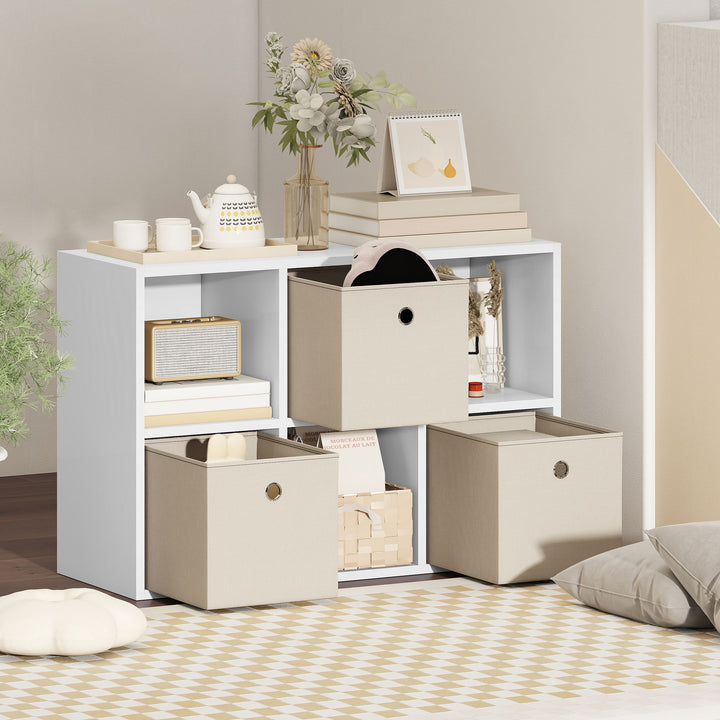 Estante Cubo Moderna Estante de Armazenamento Horizontal ou Vertical com 6 Compartimentos Abertos e 3 Gavetas de Tecido para Sala de Estar Quarto Escritório 53,7x30x79,8 cm Branco e Bege