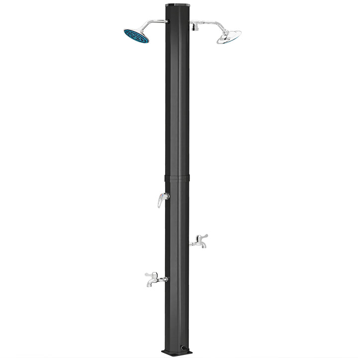 Duche de Jardim Solar 35 L Duche Solar Exterior com 2 Cabeçais Giratórios Torneiras para Pés e Água Quente Até 55 °C para Piscina Campismo Pátio 73x18x217 cm Preto