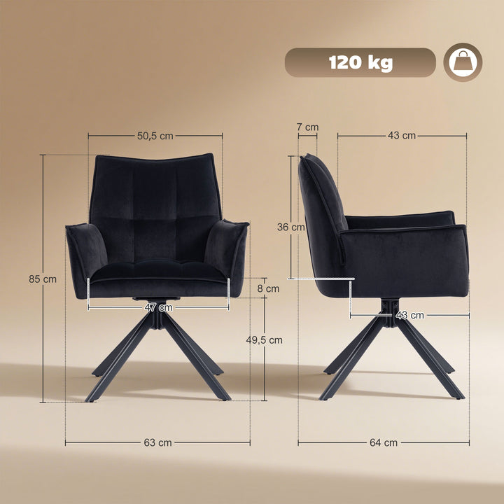 Conjunto de 2 Cadeiras de Refeição Giratórias 360° Cadeiras de Cozinha com Apoio de Braços Encosto Estofado Estofamento em Veludo Pés em Aço para Escritório Conferência Sala de Estar 63x64x85 cm Preto