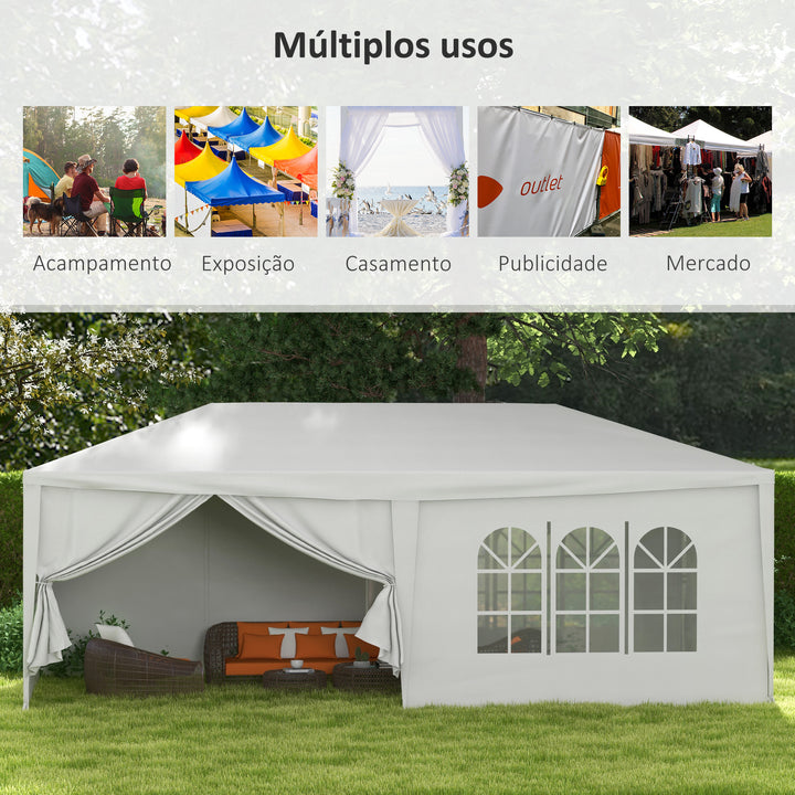 Tenda de Jardim 583x293 cm Tenda de Festas Desmontável com 4 Janelas 2 Portas com Fecho de Correr 6 Paredes Laterais e Impermeável para Exterior Pátio Branco
