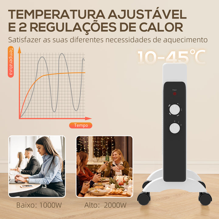 Aquecedor Elétrico 1000W/2000W Aquecedor com Painéis de Mica Rodas Proteção Anti-Tombo e Sobreaquecimento Aquecedor Elétrico de Baixo Consumo 26,5x55x61,5 cm Branco