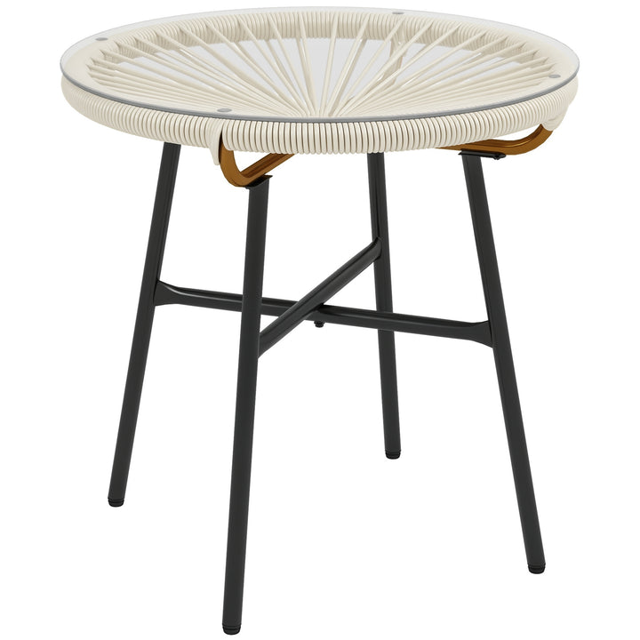 Mesa Auxiliar de Vime Sintético Mesa de Centro Redonda para Exteriores com Bancada de Vidro Temperado e Pés de Metal para Pátio Jardim Varanda Ø50x50 cm Creme e Preto