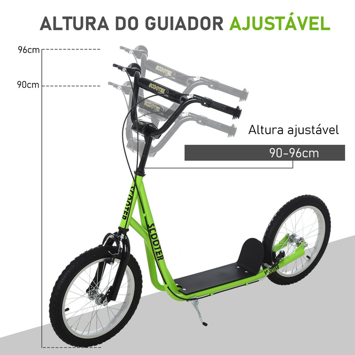 Trotinete para Crianças acima de 5 Anos e Adolescentes com Guiador Ajustável em Altura 2 Pneus de Borracha Insufláveis com Travagem Dupla e Rodas 16" Carga 100 kg 139x58x90-96 cm Verde