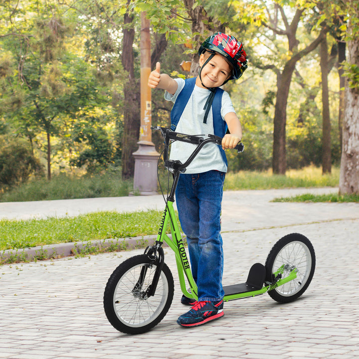 Trotinete para Crianças acima de 5 Anos e Adolescentes com Guiador Ajustável em Altura 2 Pneus de Borracha Insufláveis com Travagem Dupla e Rodas 16" Carga 100 kg 139x58x90-96 cm Verde