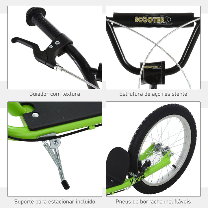 Trotinete para Crianças acima de 5 Anos e Adolescentes com Guiador Ajustável em Altura 2 Pneus de Borracha Insufláveis com Travagem Dupla e Rodas 16" Carga 100 kg 139x58x90-96 cm Verde