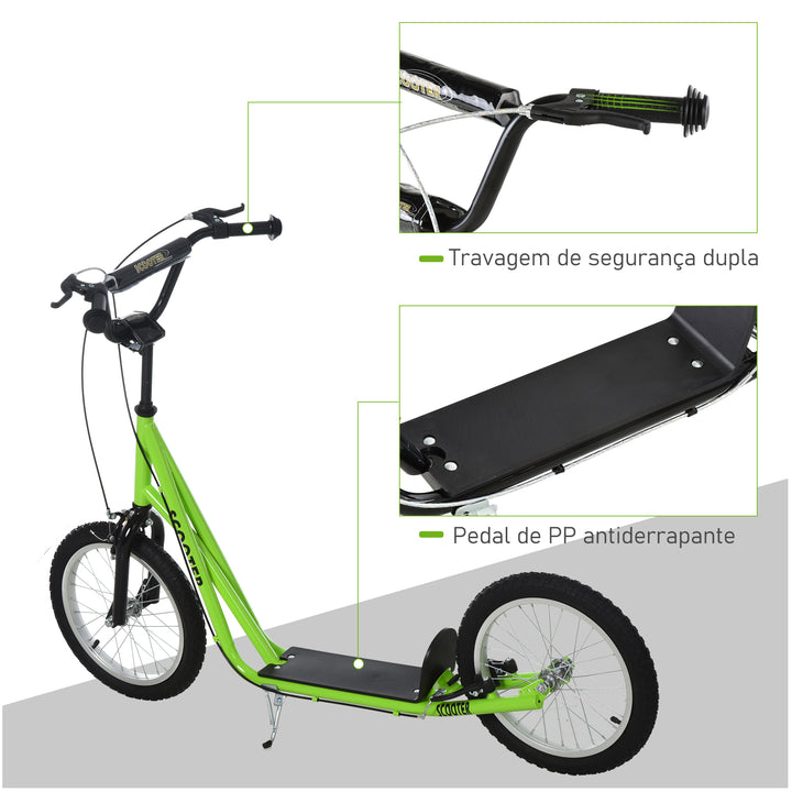Trotinete para Crianças acima de 5 Anos e Adolescentes com Guiador Ajustável em Altura 2 Pneus de Borracha Insufláveis com Travagem Dupla e Rodas 16" Carga 100 kg 139x58x90-96 cm Verde