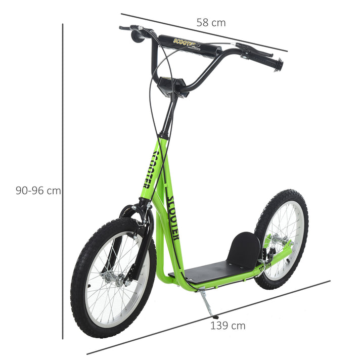 Trotinete para Crianças acima de 5 Anos e Adolescentes com Guiador Ajustável em Altura 2 Pneus de Borracha Insufláveis com Travagem Dupla e Rodas 16" Carga 100 kg 139x58x90-96 cm Verde