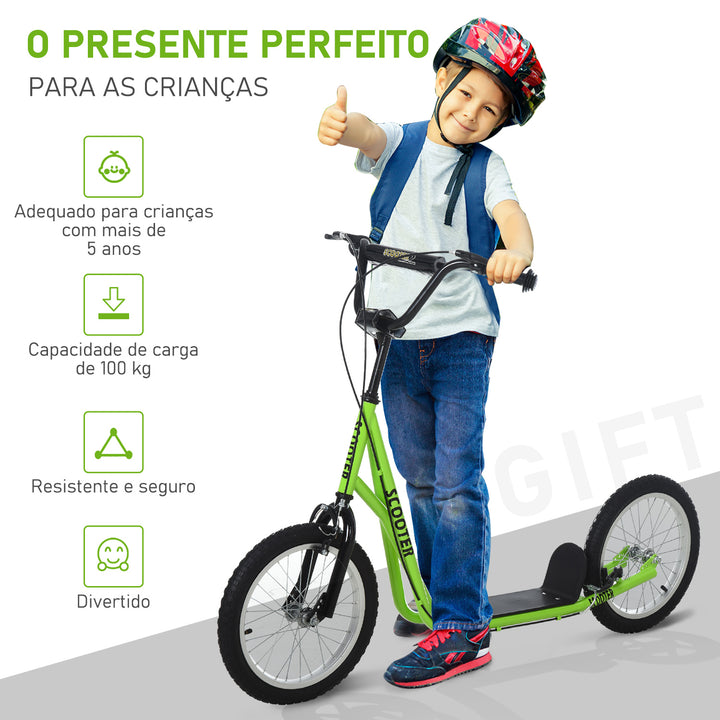 Trotinete para Crianças acima de 5 Anos e Adolescentes com Guiador Ajustável em Altura 2 Pneus de Borracha Insufláveis com Travagem Dupla e Rodas 16" Carga 100 kg 139x58x90-96 cm Verde