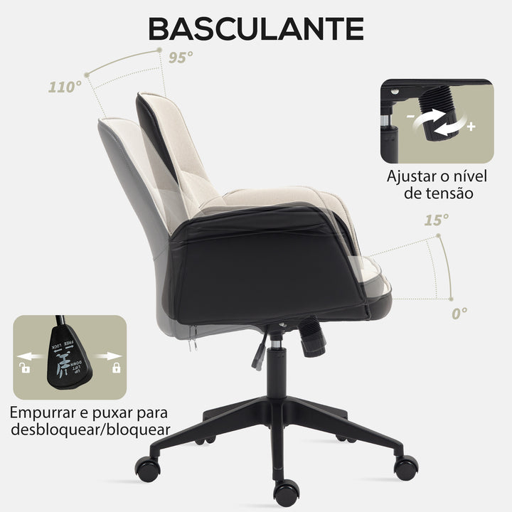 Cadeira de Escritório Giratória Cadeira de Escritório com Altura Ajustável Basculante Apoio para os Braços Cadeira de Estudo Carga 120 kg 66x65x93-103 cm Bege e Preto