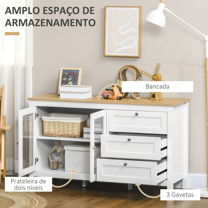 Aparador para Sala de Estar Armário Auxiliar com 2 Portas de Vidro 3 Gavetas e Prateleira Ajustável para Cozinha Sala de Jantar Corredor 120x40x70 cm Branco e Madeira
