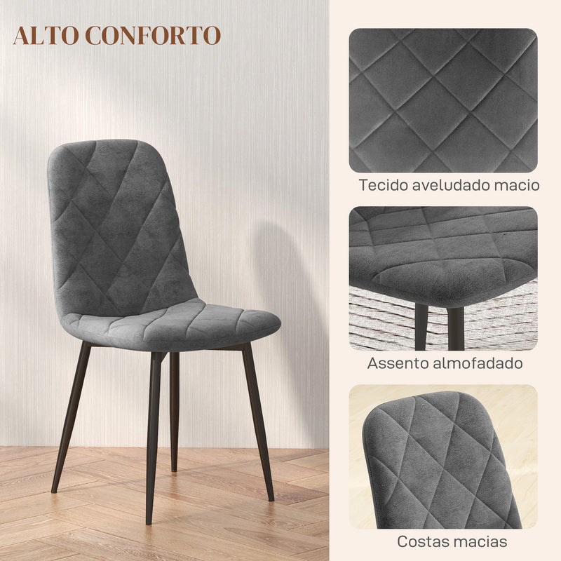 Conjunto de 4 Cadeiras de Jantar Modernas Cadeiras de Cozinha Estofadas em Veludo com Pés de Aço para Sala de Estar 45x54x87 cm Cinza