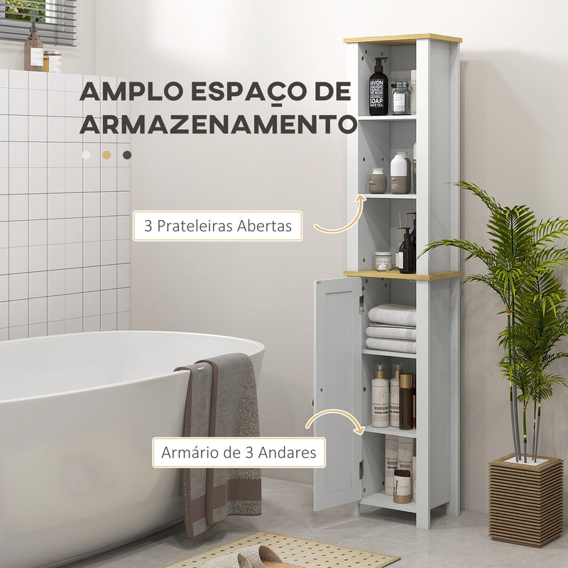 Coluna Casa de Banho Móvel Auxiliar Casa de Banho com Prateleiras Abertas Porta e Prateleira Ajustável Desenho Anti-Tombo 34x23x165 cm Branco