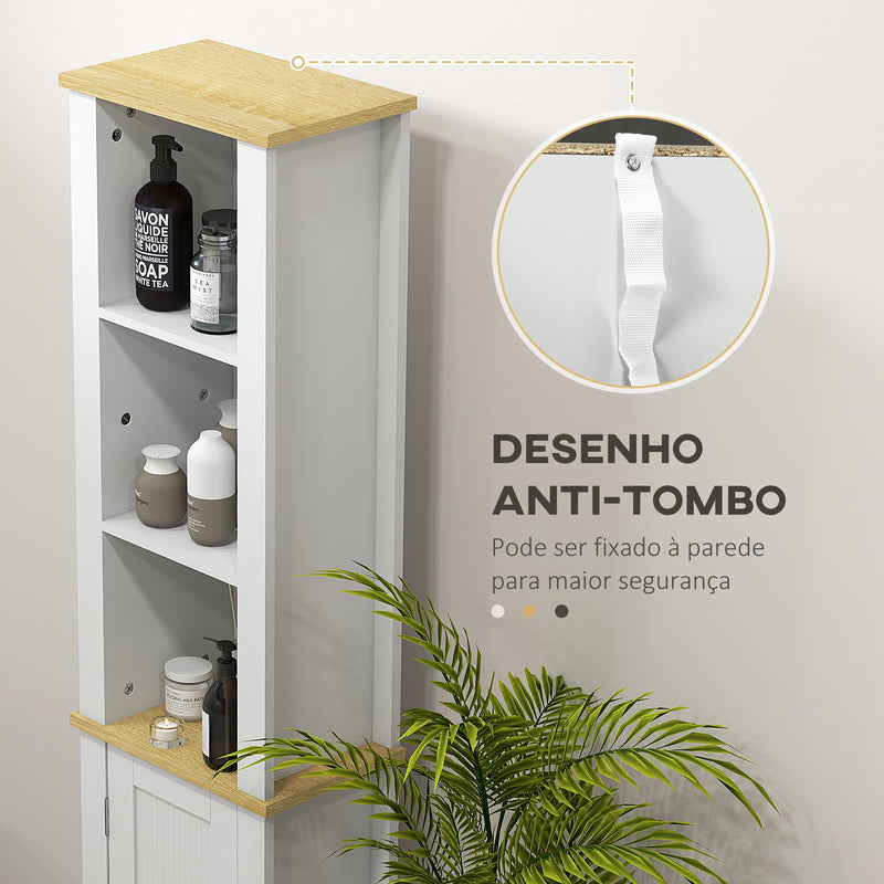 Coluna Casa de Banho Móvel Auxiliar Casa de Banho com Prateleiras Abertas Porta e Prateleira Ajustável Desenho Anti-Tombo 34x23x165 cm Branco