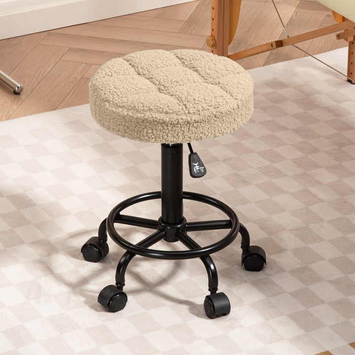 Banco Giratório Redondo Banco com Rodas Altura Regulável 50-66 cm Assento Estofado em Tecido tipo Borreguito para Salões Oficinas Spa Massagem Marrom Claro