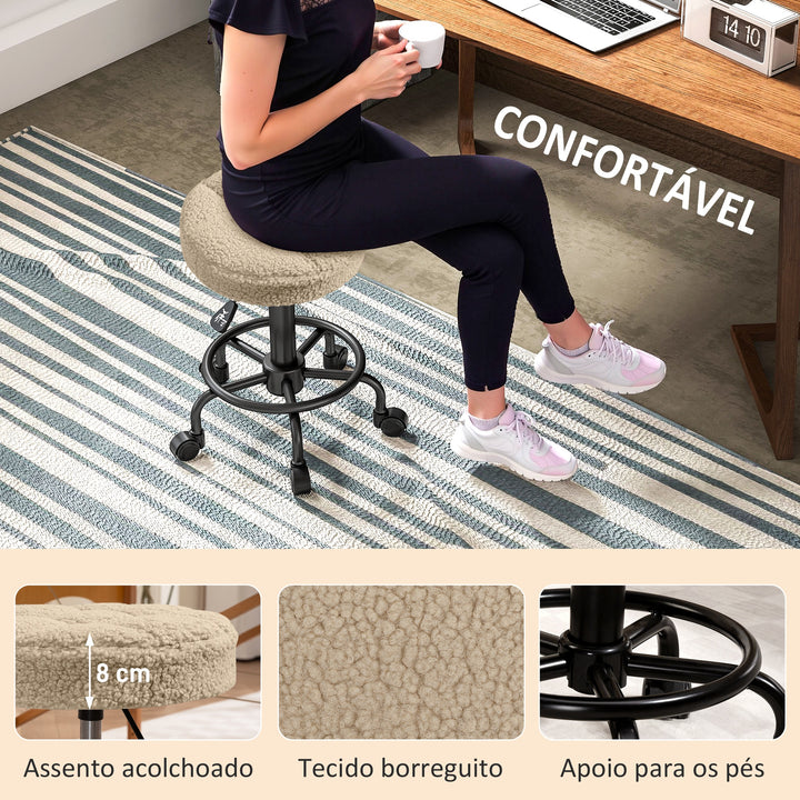 Banco Giratório Redondo Banco com Rodas Altura Regulável 50-66 cm Assento Estofado em Tecido tipo Borreguito para Salões Oficinas Spa Massagem Marrom Claro