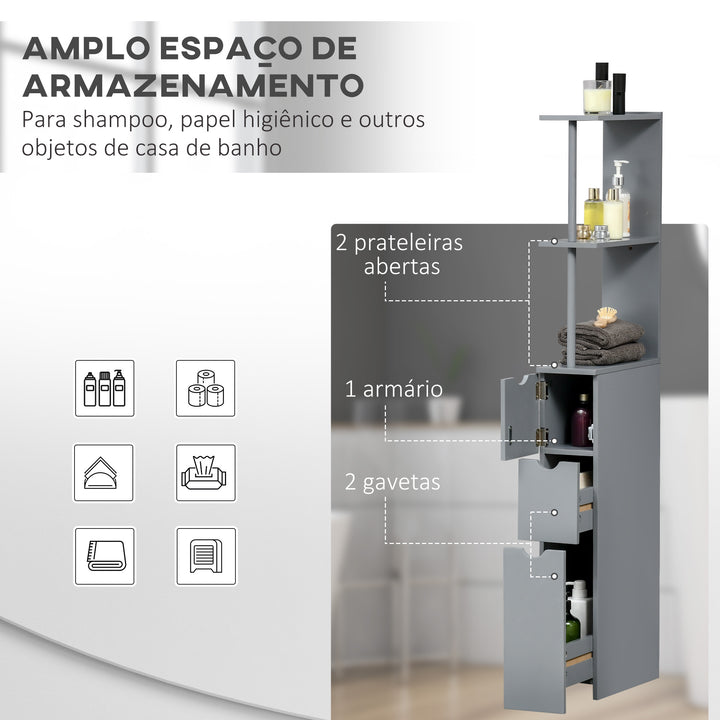 Coluna Casa de Banho Moderna Armário Compacto Casa de Banho Móvel Auxiliar Casa de Banho com 2 Prateleiras 2 Gavetas Anti-Tombo 15x33x136,5 cm Cinza