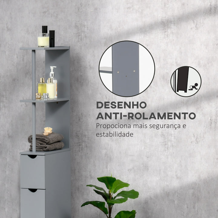 Coluna Casa de Banho Moderna Armário Compacto Casa de Banho Móvel Auxiliar Casa de Banho com 2 Prateleiras 2 Gavetas Anti-Tombo 15x33x136,5 cm Cinza