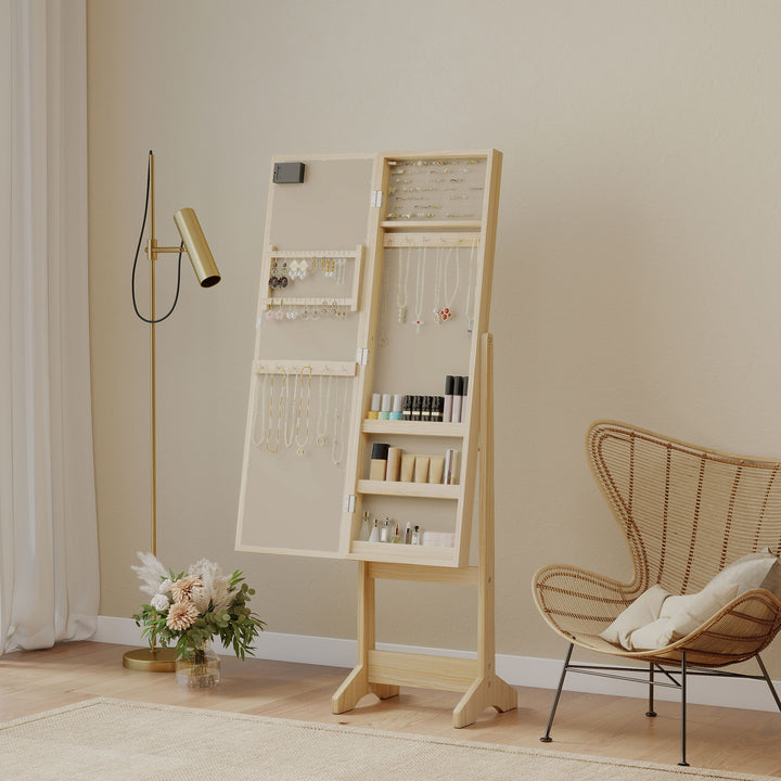 Espelho Joalheiro com Luzes LED Armário para Joias Joalheiro de Pé com Espelho Completo Ângulo Ajustável com Prateleiras Ranuras para Anéis 36x30x136 cm Madeira Natural