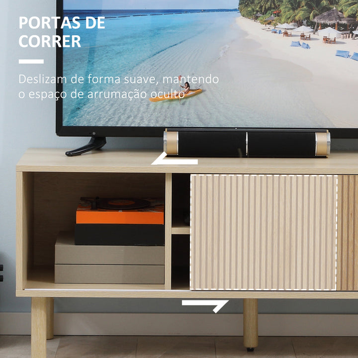 Móvel de TV Móvel para Televisão até 50 Polegadas com Portas de Correr Prateleiras Abertas e Orifícios para Cabos para Sala de Estar 115x40x49 cm Madeira