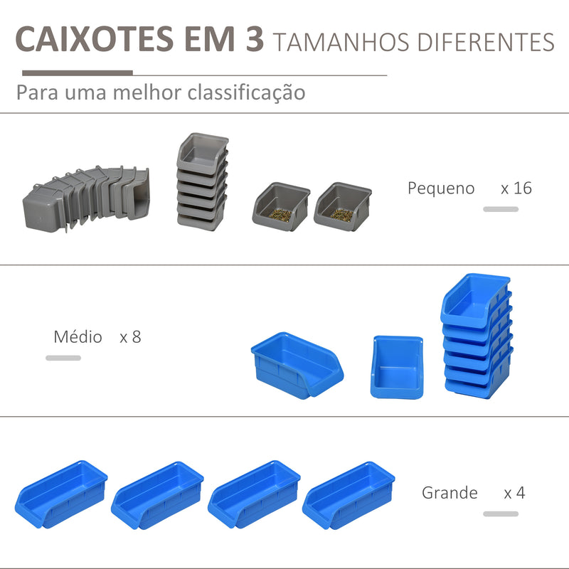 Prateleira de Parede Organizador de Ferramentas de 44 Peças 54x95 cm Prateleiras de Armazenamento com 28 Caixas Empilháveis ??e Diferentes Ganchos Cinza e Azul