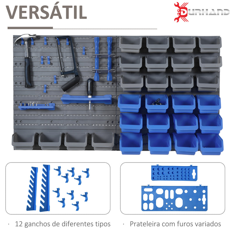 Prateleira de Parede Organizador de Ferramentas de 44 Peças 54x95 cm Prateleiras de Armazenamento com 28 Caixas Empilháveis ??e Diferentes Ganchos Cinza e Azul