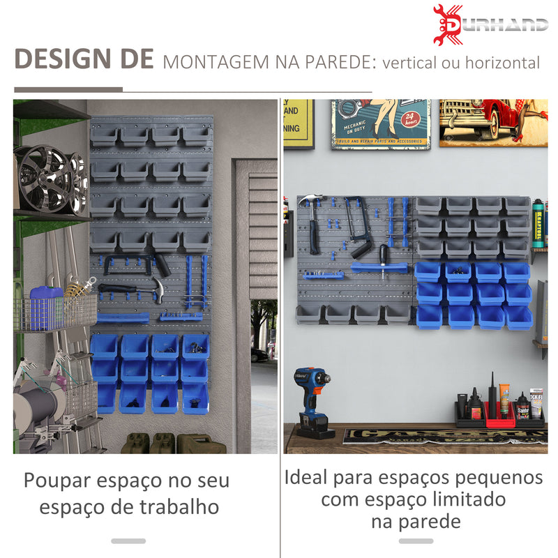 Prateleira de Parede Organizador de Ferramentas de 44 Peças 54x95 cm Prateleiras de Armazenamento com 28 Caixas Empilháveis ??e Diferentes Ganchos Cinza e Azul