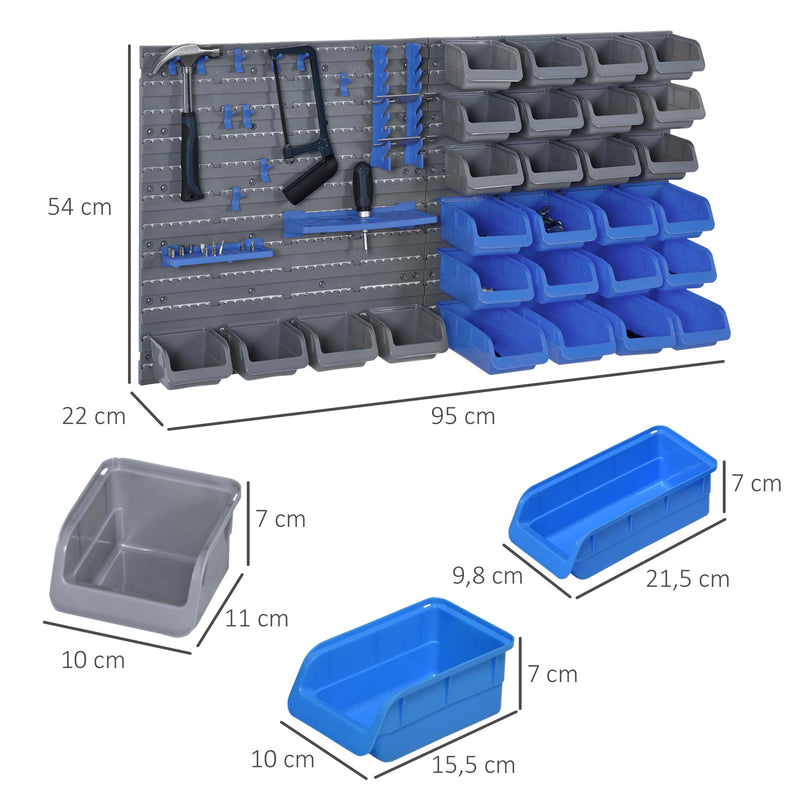 Prateleira de Parede Organizador de Ferramentas de 44 Peças 54x95 cm Prateleiras de Armazenamento com 28 Caixas Empilháveis ??e Diferentes Ganchos Cinza e Azul