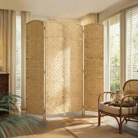 Biombo Dobrável de 4 Painéis Divisor de Ambientes 180x180 cm Ecrã de Privacidade de Polipropileno para Escritório Quarto Madeira