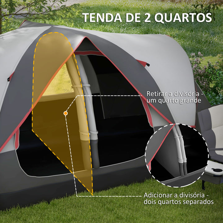 Tenda de Campismo Familiar para 6-8 Pessoas Tenda de Campismo Dobrável com 2 Quartos e Bolsa de Transporte Impermeável para Trekking 450x215x180 cm Cinza