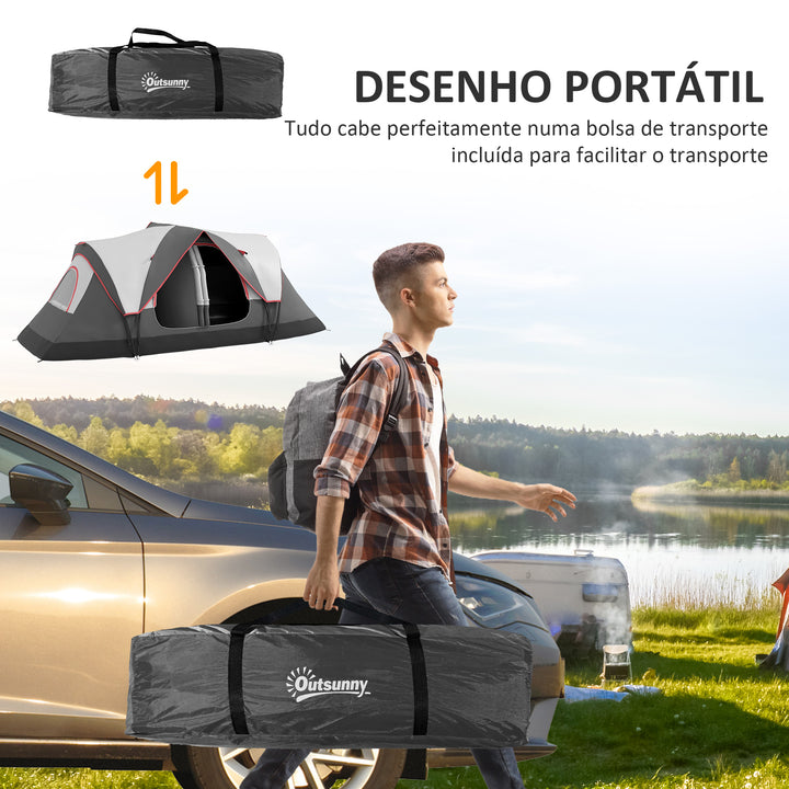 Tenda de Campismo Familiar para 6-8 Pessoas Tenda de Campismo Dobrável com 2 Quartos e Bolsa de Transporte Impermeável para Trekking 450x215x180 cm Cinza